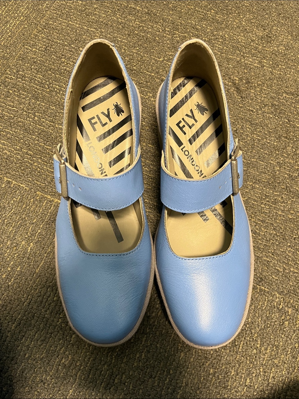 Fly London Light Blue Mary Jane Flats with Buckle Strap
